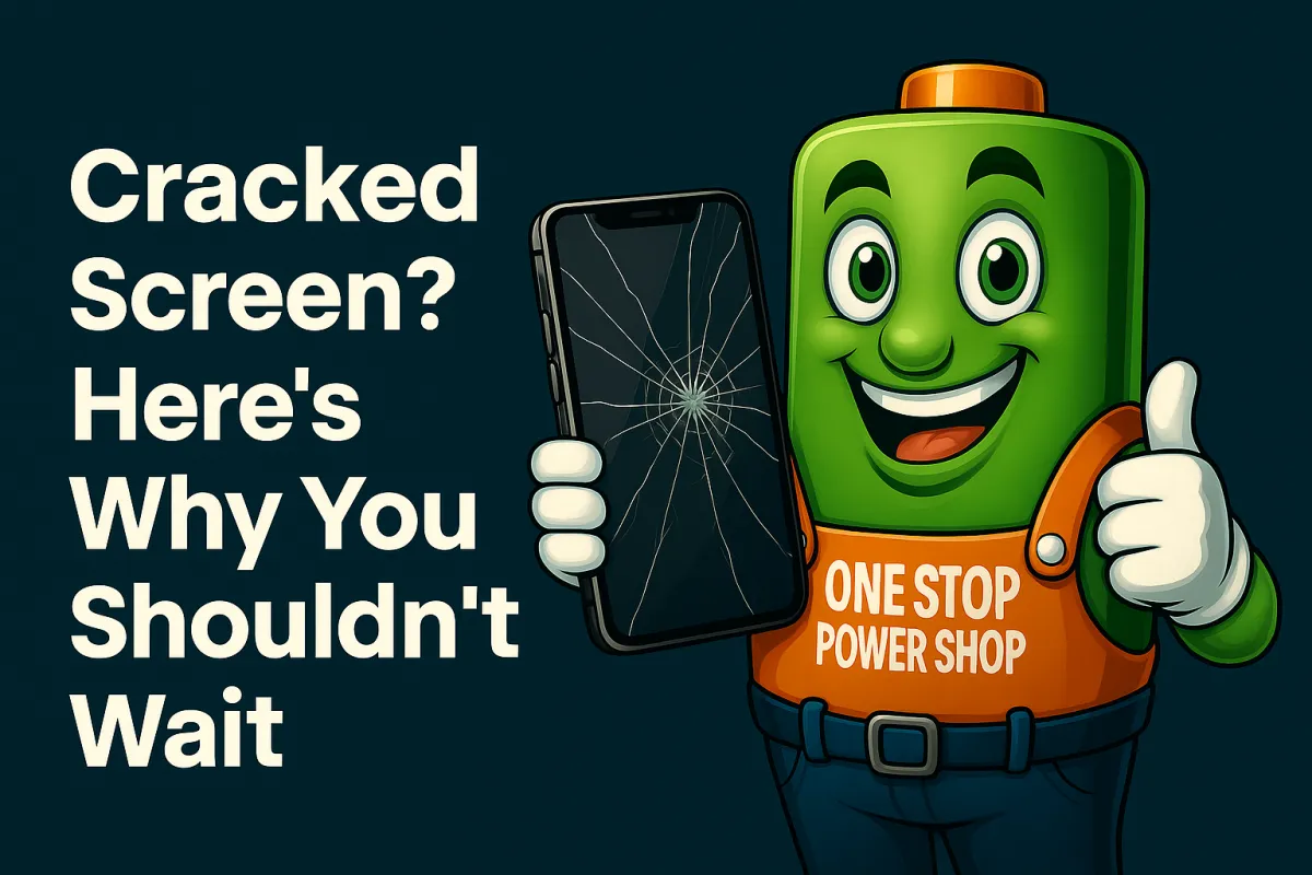Cartoon mascot repairing cracked phone screen – One Stop Power Shop NJ