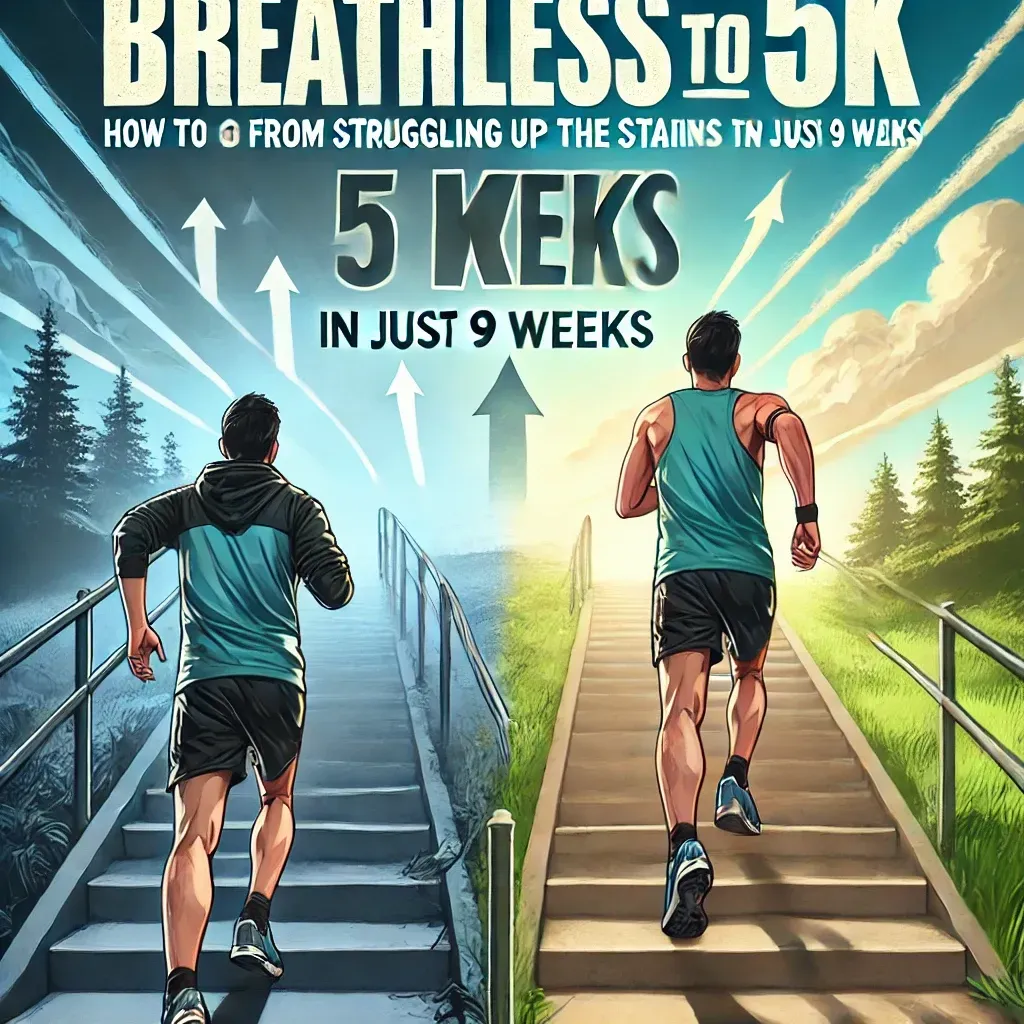 A motivational cover image for a fitness program titled 'From Breathless to 5K'. The image shows a person in athletic gear running confidently outdoors, transitioning from struggling with stairs to running freely. The background features stairs leading to an open path with trees, symbolizing progress. The title text is prominently displayed at the top in a bold, modern font, with a bright and inspiring atmosphere