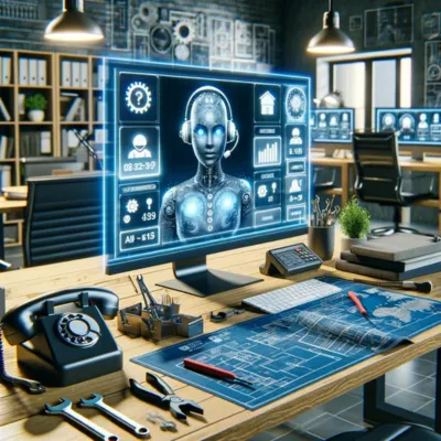 A modern home service office featuring digital screens displaying AI phone agents managing calls and scheduling appointments, surrounded by home service tools like wrenches and blueprints, highlighting the integration of technology in the industry. The setting conveys a busy yet organized atmosphere focused on efficiency.