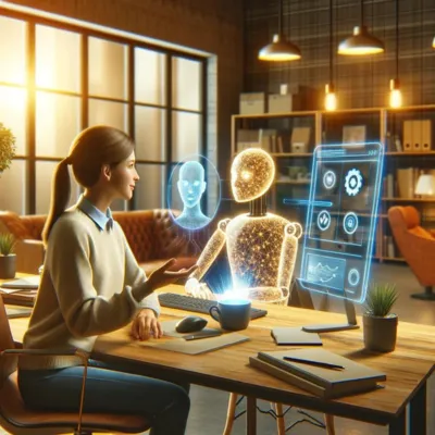  A modern office scene showing a human employee collaborating with an AI phone agent, both interacting with a digital display that illustrates skill enhancement and technology integration in a comfortable, tech-savvy environment.