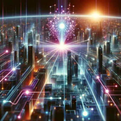 Abstract digital artwork depicting the rapid advancement of artificial intelligence, featuring a futuristic cityscape with glowing, interconnected nodes symbolizing AI networks. A central, larger node radiates light, representing a core AI system, all set against a high-tech, neon-lit background.