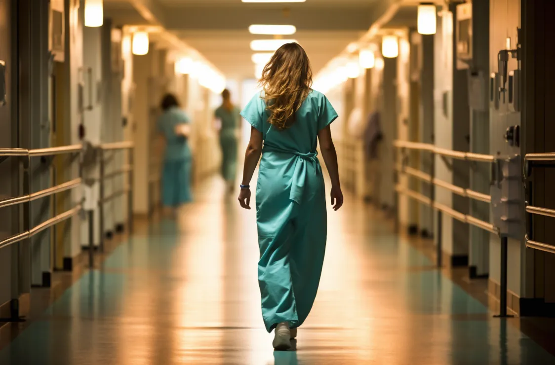 Woman in scrubs walking down a medical hallway