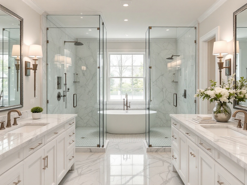 Luxurious bathroom renovation with dual glass showers, freestanding bathtub, and marble finishes by R.CS Contractors of Illinois.