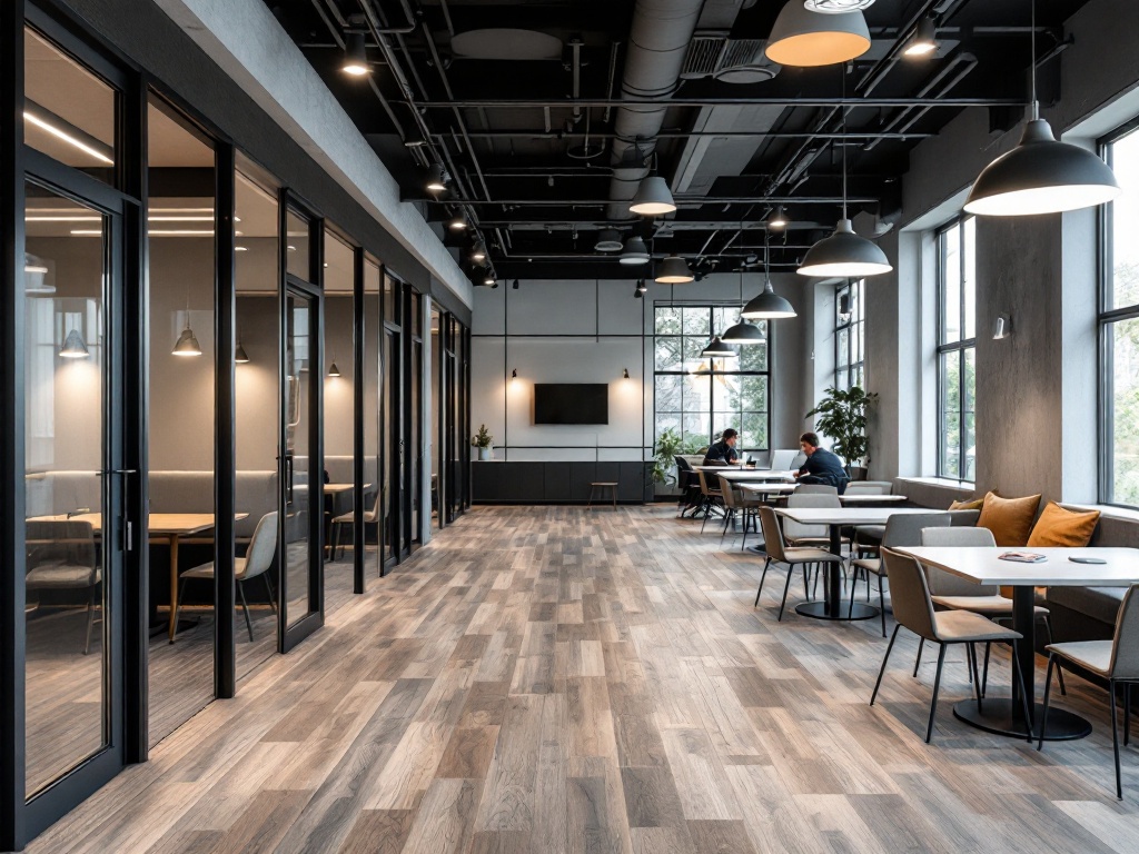 Modern coworking space renovation with open seating, private booths, and stylish lighting by R.CS Contractors of Illinois.