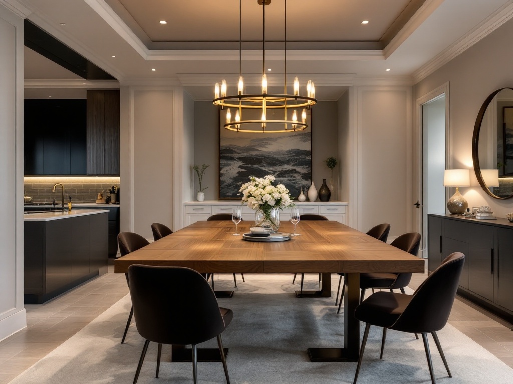Luxury dining room renovation with a custom-built dining table, modern chandelier, and elegant décor by R.CS Contractors of Illinois.