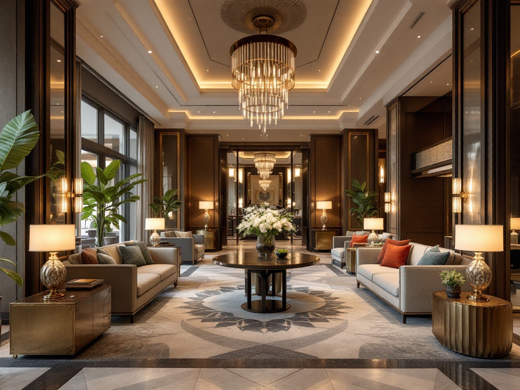 High-end hotel lobby renovation with elegant chandeliers, modern seating, and a grand entrance by R.CS Contractors of Illinois.
