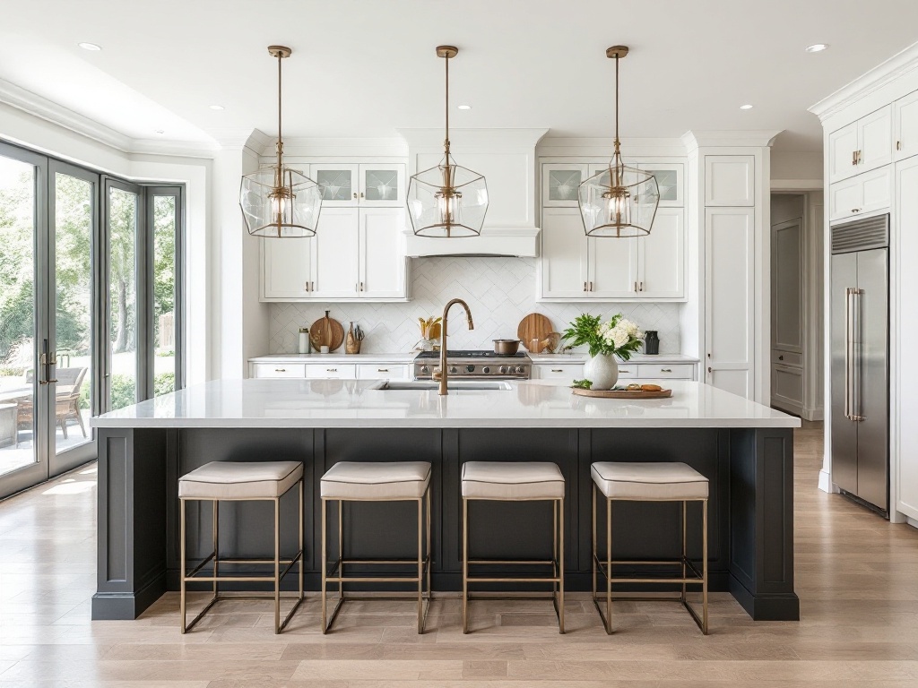 High-end modern kitchen renovation with a spacious island, quartz countertops, custom cabinetry, and elegant pendant lighting by R.CS Contractors of Illinois.