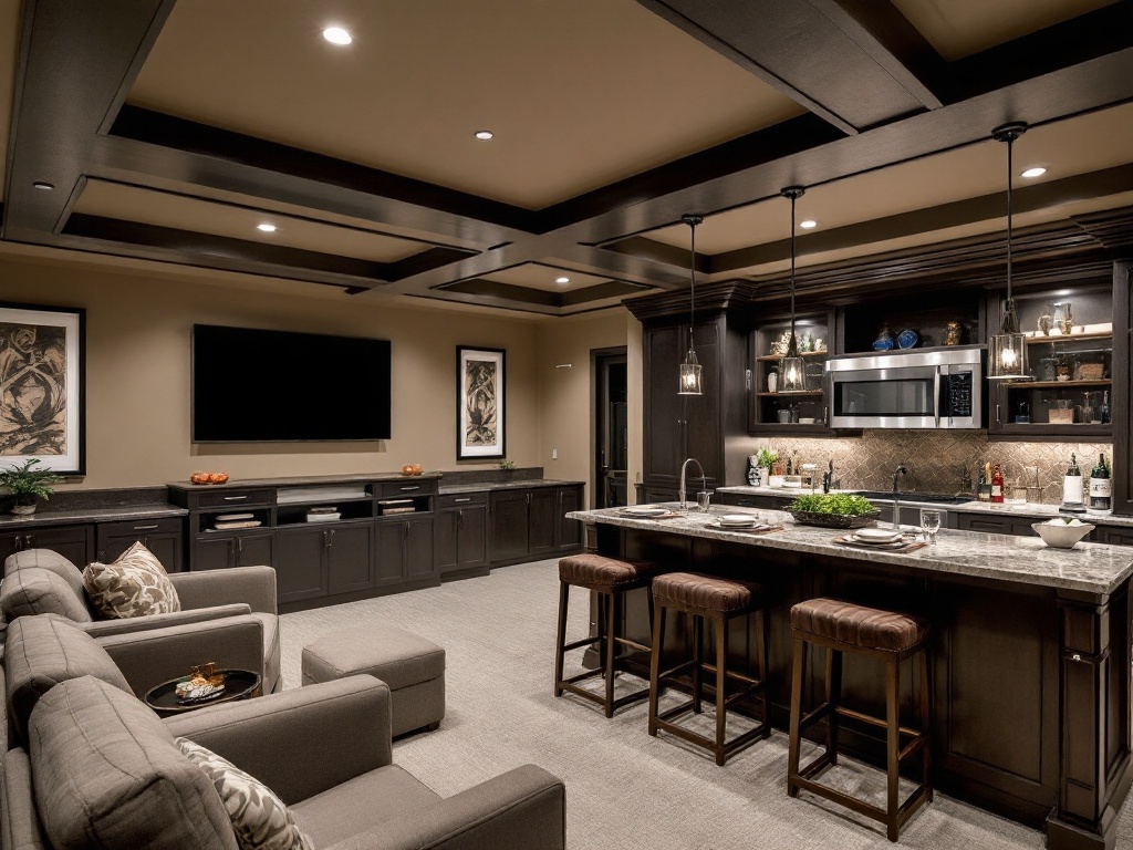 Finished basement renovation with a modern entertainment area, fully equipped kitchenette, and stylish seating by R.CS Contractors of Illinois.