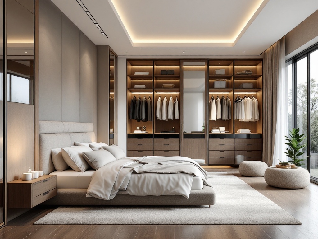 High-end residential bedroom renovation with a spacious layout, custom-built walk-in closet, and modern lighting by R.CS Contractors of Illinois.