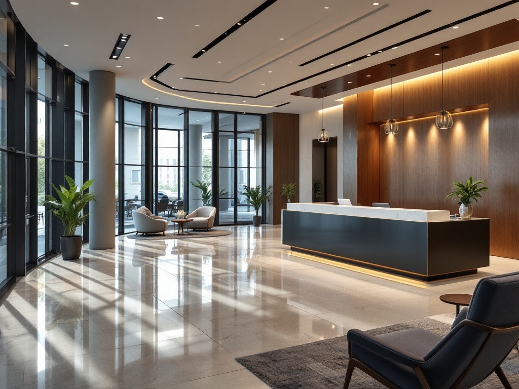 High-end commercial office lobby renovation with a grand reception desk, sleek lighting, and open spaces by R.CS Contractors of Illinois.