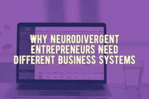 Purple-tinted image with bold beige text that reads “Why Neurodivergent Entrepreneurs Need Different Business Systems.” In the background is an open laptop displaying a dashboard and a clear glass of water on the right side. The image promotes a blog or content piece about creating ADHD- and neurodivergent-friendly business systems.