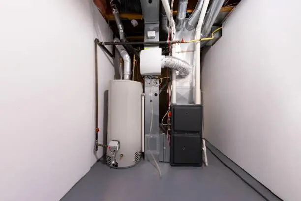 Utility room with water heater and furnace in a finished basement