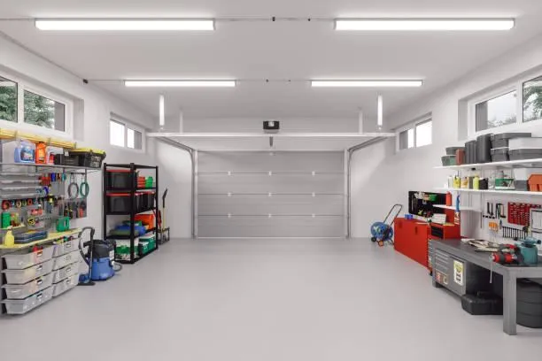 Spacious, organized garage workshop with tool storage and workbench