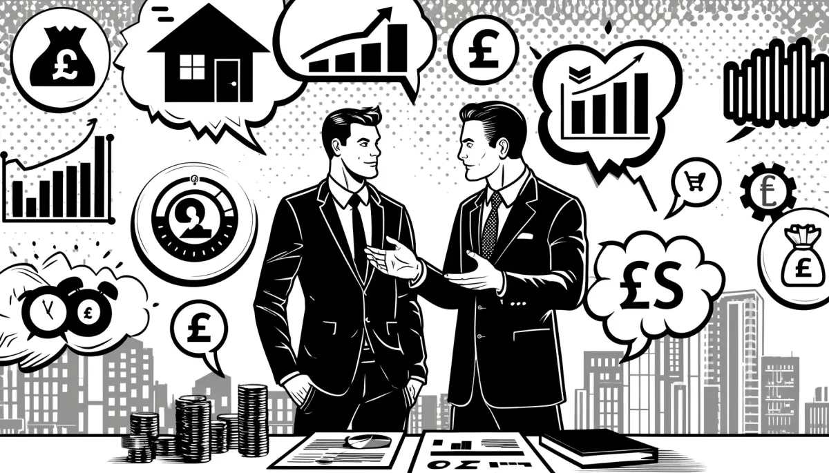 Black and white comic-style illustration of a mortgage broker discussing growth strategies with a business coach, featuring charts, graphs, and pound symbols (£), symbolizing mortgage industry success and business scaling in the UK.