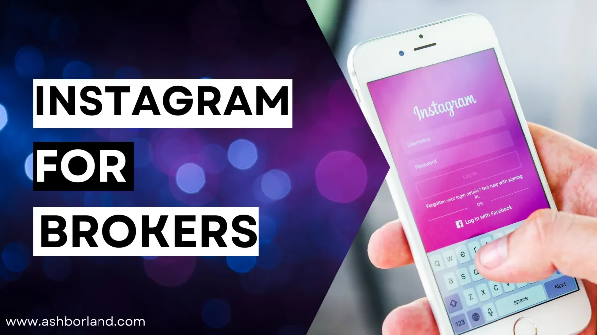 "Alt text for the image: 'Instagram for Brokers - A smartphone screen displaying the Instagram login page with a vibrant purple background, showcasing a guide for mortgage advisors to grow their business using Instagram. URL: www.ashborland.com'"