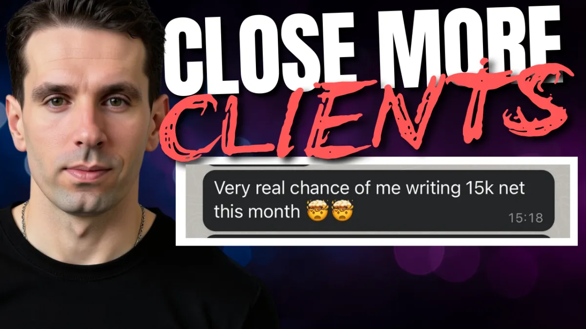 Ash Borland, a mortgage business coach, is featured on the left side of the image with short dark hair and a focused expression. The text "CLOSE MORE CLIENTS" appears in bold white and red lettering at the top. Below, a text message screenshot reads, "Very real chance of me writing 15k net this month," accompanied by two shocked face emojis. The background has a vibrant gradient of dark purple and blue hues, adding a professional and motivational tone.