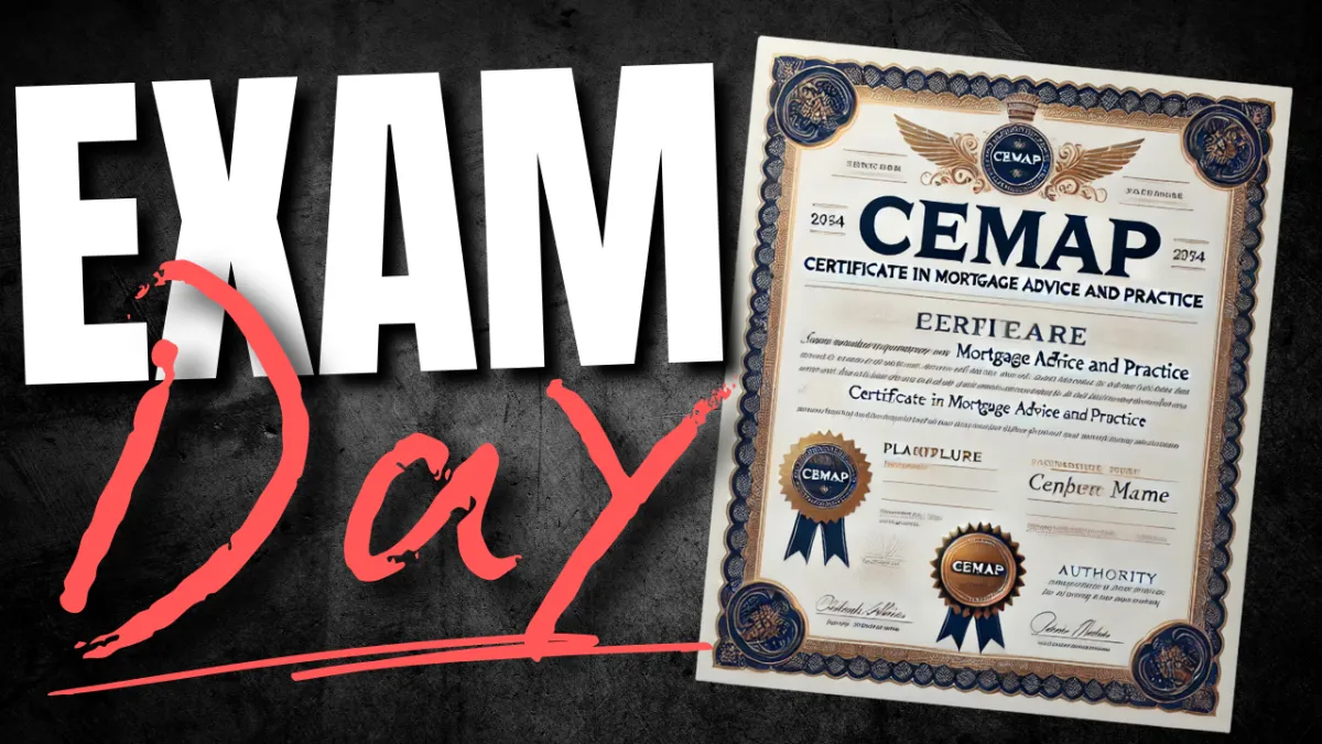 Graphic featuring the words 'Exam Day' in bold white and red text, alongside an official CeMAP certificate with decorative blue and gold detailing, symbolising achievement in mortgage advice and practice.
