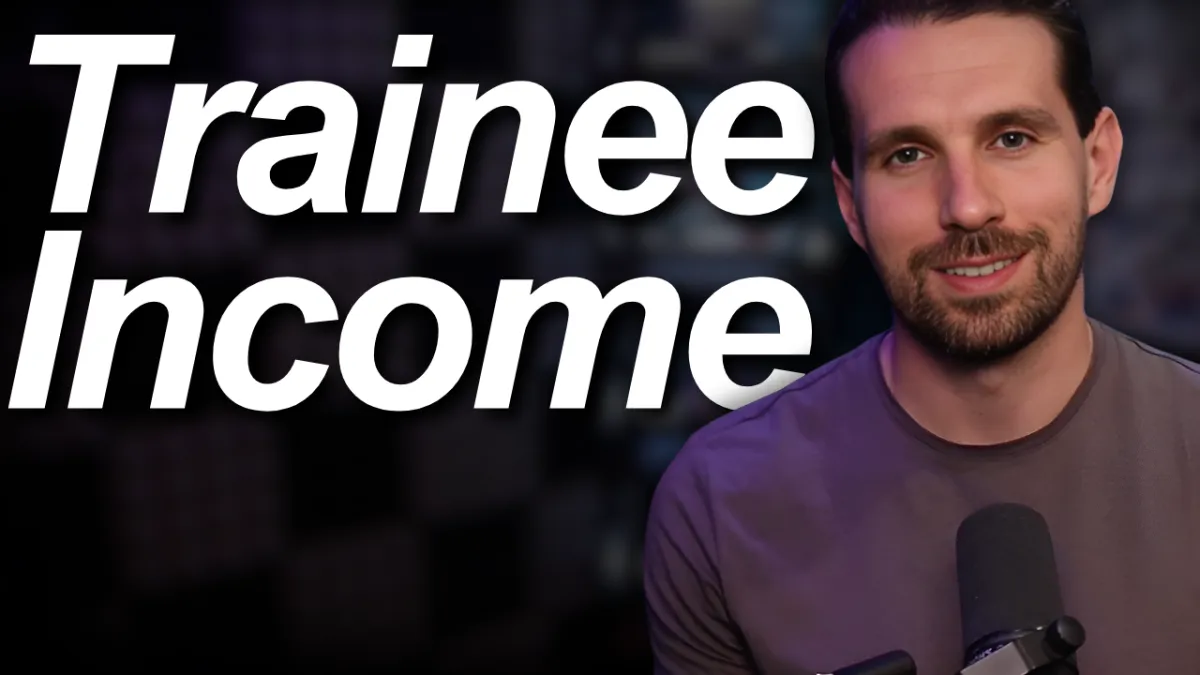 Ash Borland, Mortgage Business Coach, discussing trainee mortgage broker income in the UK – video thumbnail with bold 'Trainee Income' text