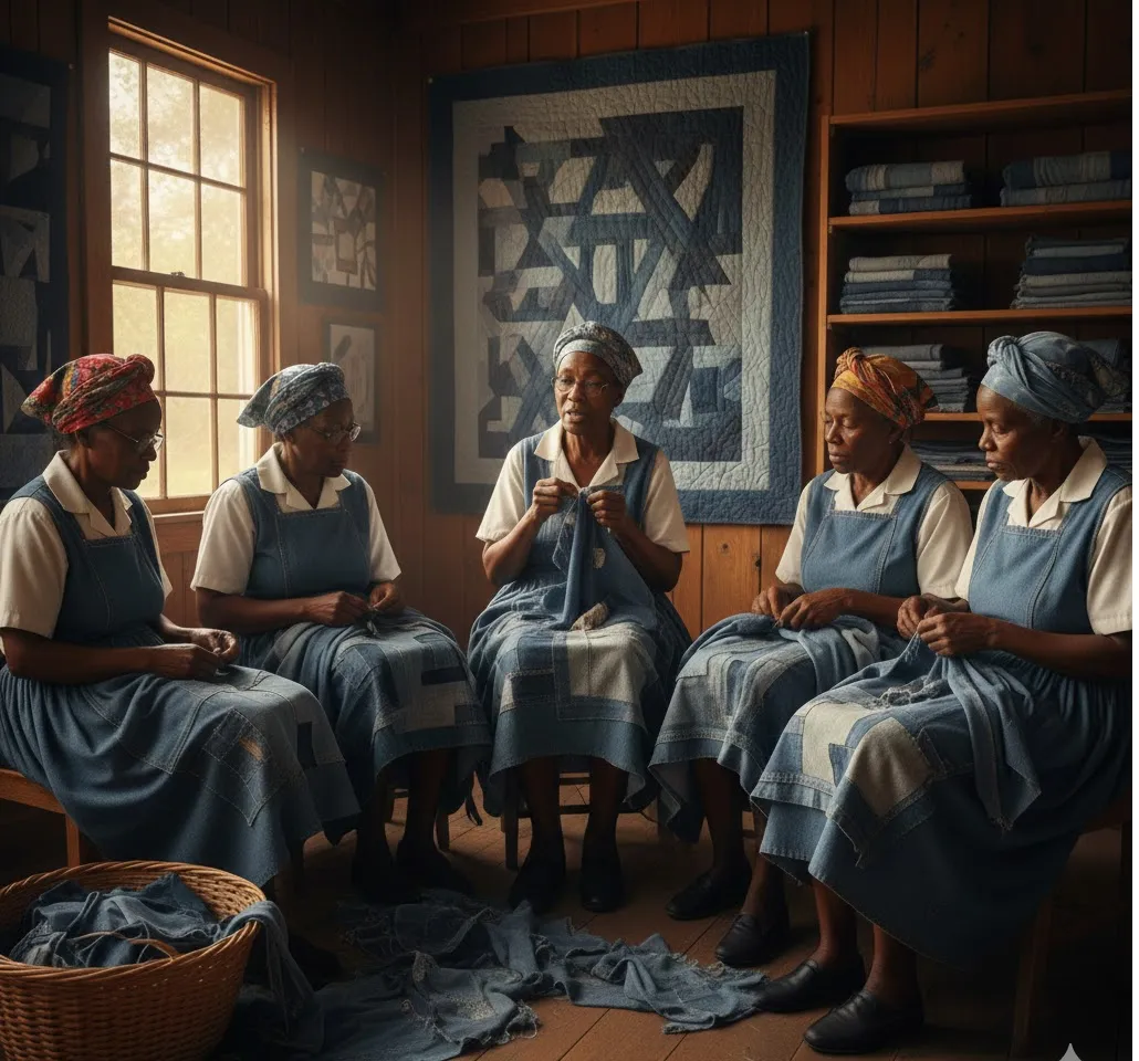 Five Gee’s Bend quilters hand-stitching denim quilts in a rustic Alabama cabin, representing the legacy of African American modern art masters.