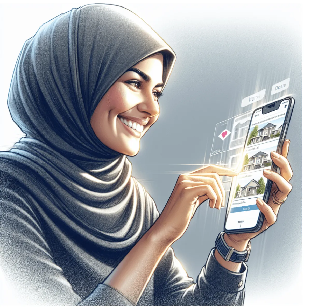 A Middle-Eastern woman smiles as she browses a real estate app on her smartphone, with a finger swiping the screen.