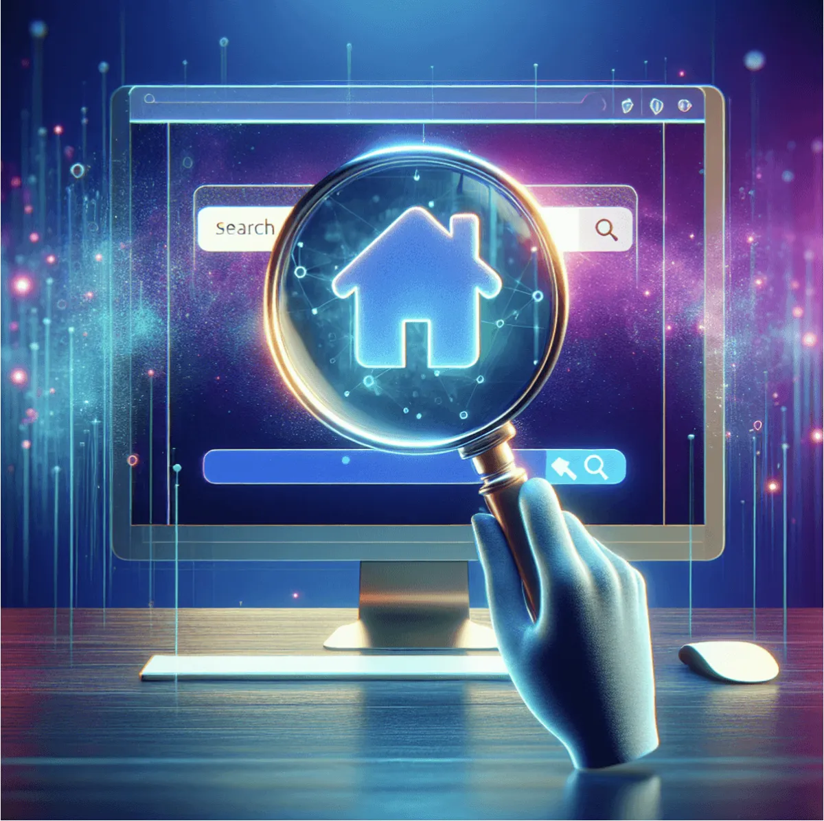 A magnifying glass hovering over a computer screen displaying a real estate website icon and a symbolic search bar.