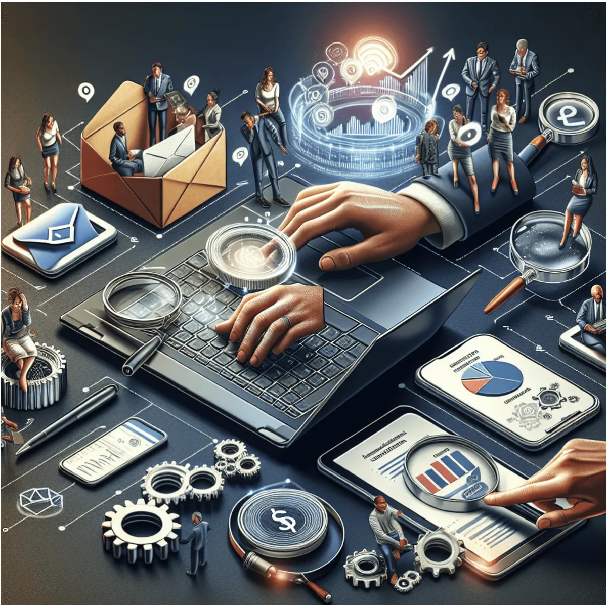 Hands typing on a laptop, content creation. Open mailbox, email marketing. Diverse people on digital platform, social media engagement. Chart with increasing trend, SEO performance. Magnifying glass over gears, search engine optimization. Shopping bag with dollar sign, eCommerce.