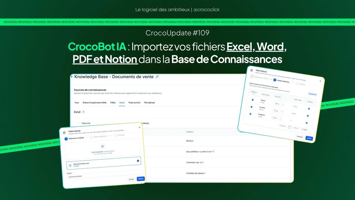 CrocoBot IA : Importez vos fichiers Excel, Word, PDF et Notion dans la Base de Connaissances