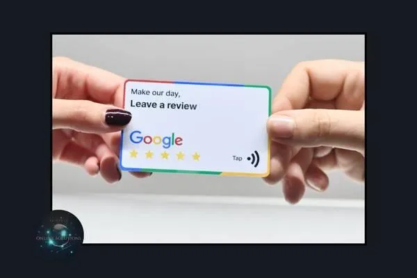 Two hands holding a card that says "Make our day, Leave a review" with a 5-star Google rating and a contactless payment symbol on the bottom right.