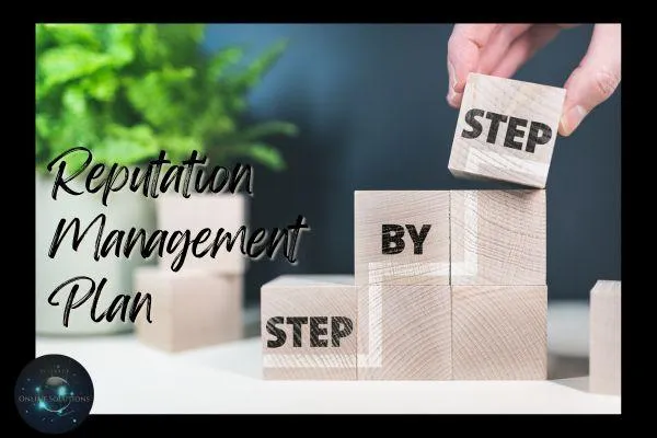 A hand stacking wooden blocks labeled 'Step by Step,' symbolizing the process of creating a reputation management plan. This cover image reflects the blog's focus on essential steps businesses need to take to build and maintain a positive brand image.
