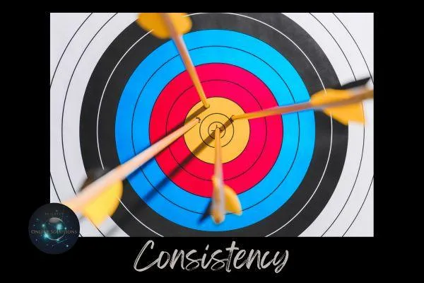 A close-up image of multiple arrows hitting the center of a target, symbolizing consistency and precision. The word 'Consistency' is written below, reinforcing the message of the blog about the importance of consistent actions for building trust and maintaining a positive business reputation