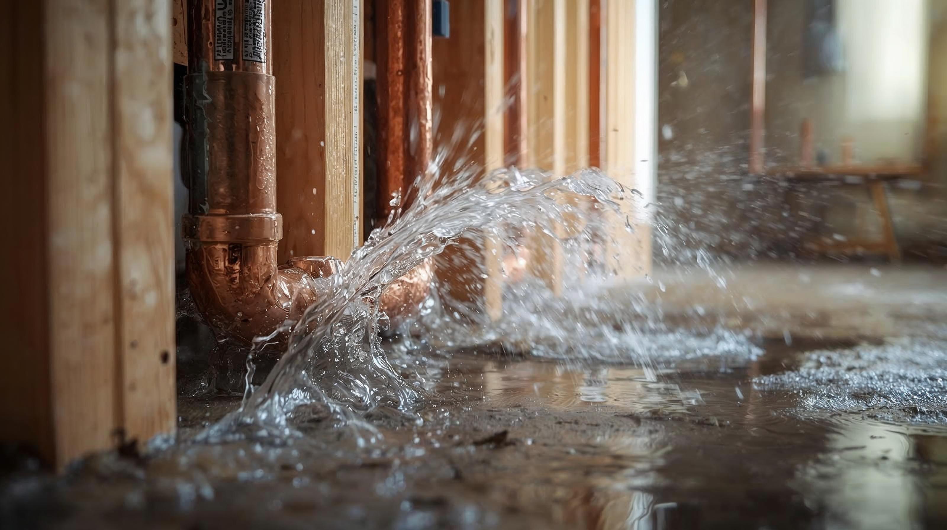 Burst water pipe outside residential home causing flooding and water damage in Los Angeles