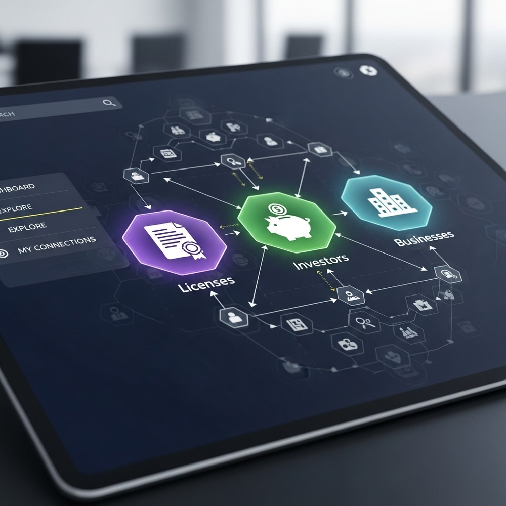 Digitaler Marktplatz mit Icons für Lizenzen, Investoren und Unternehmen