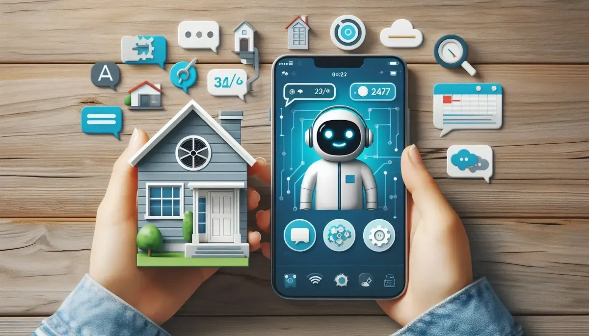 Hands holding a house model and a phone with an AI assistant, surrounded by icons for chat, scheduling, and HVAC services.