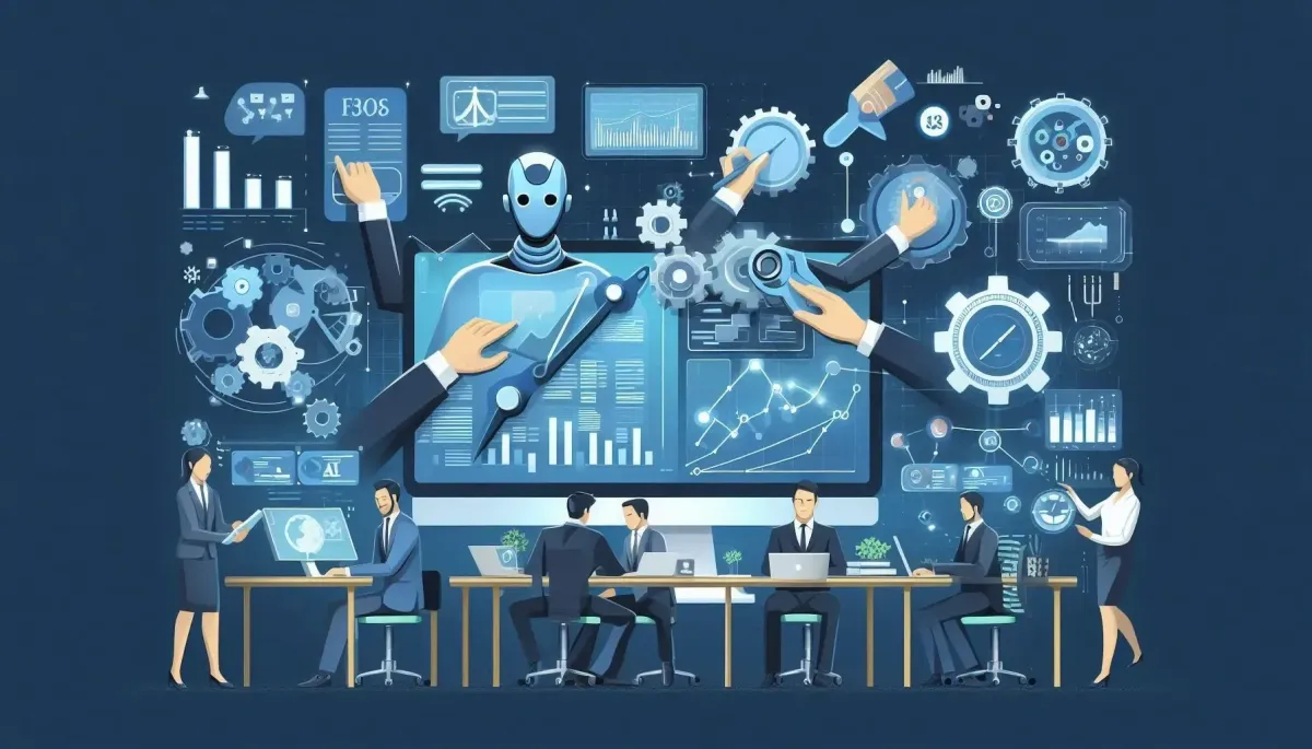 AI robot automates sales as businesspeople work with data charts, gears, and digital tools in a modern office.