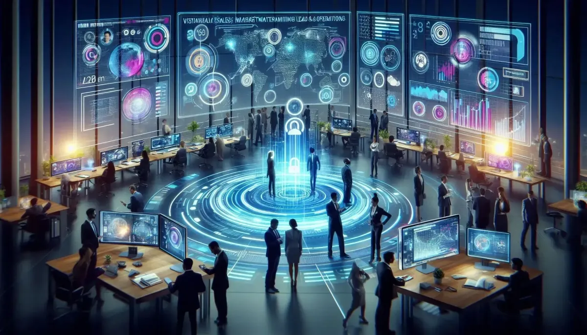 A futuristic office with AI dashboards, holograms, and professionals collaborating in a high-tech workspace.