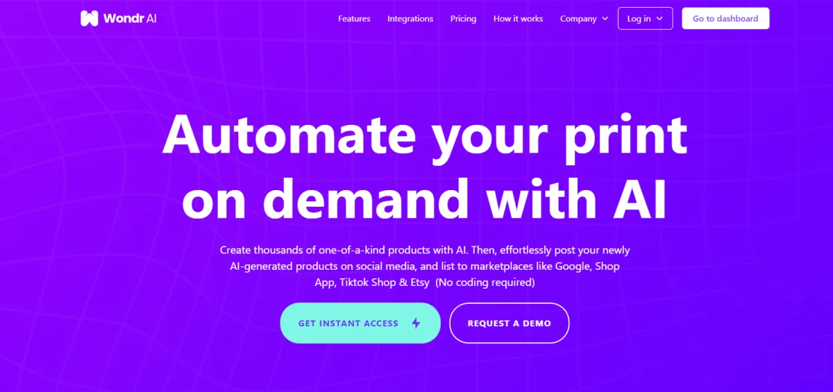 Automate print-on-demand with AI. Create AI-generated products and list on marketplaces like Etsy, TikTok, and Google Shop