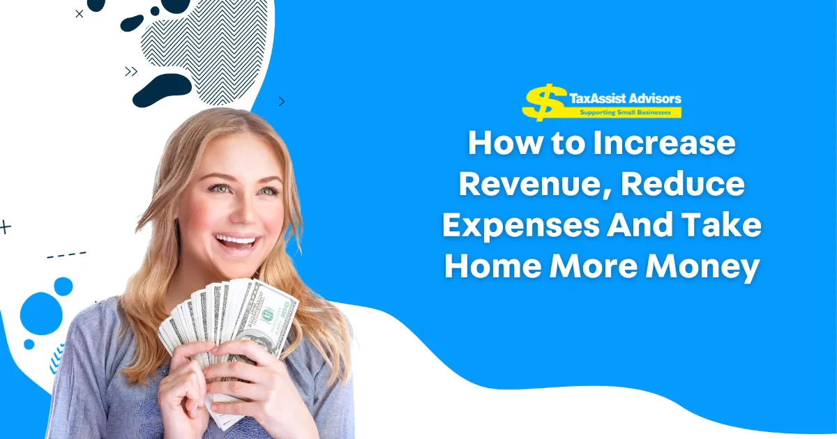 a woman holding a stack of money with the words how to increase revenue, reduce.