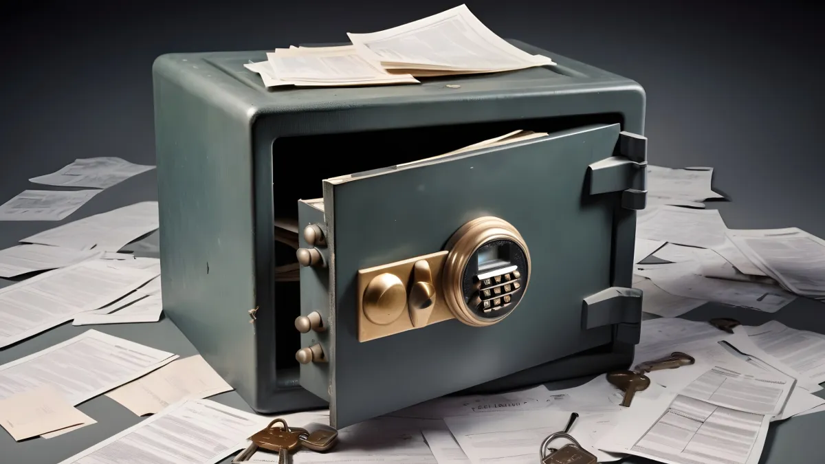 An image of a partially opened old-fashioned safe, with scattered tax documents spilling out. Superimpose a faint digital padlock or a subtle tech overlay to symbolize the modern era's digital security concerns. 