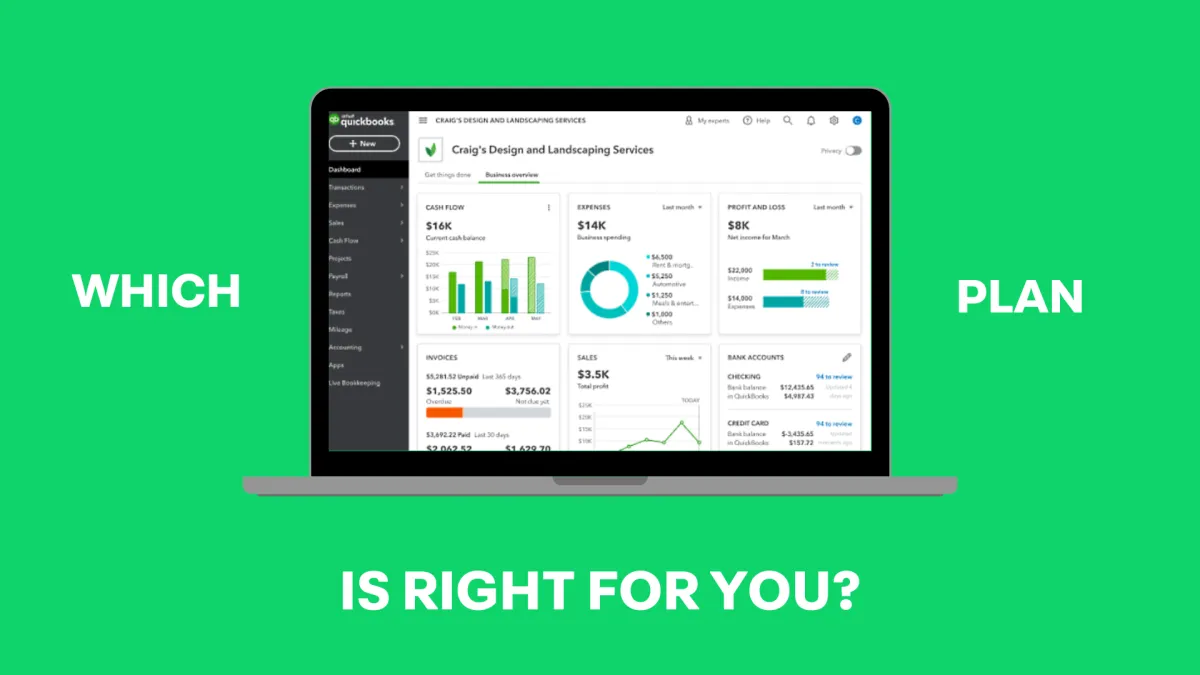 A laptop with a financial dashboard displayed on the screen, including bar graphs, charts, and QuickBooks financial statistics for Craig's Design and Landscaping Services