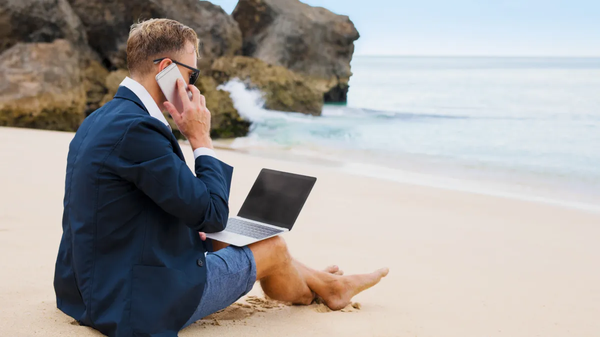 Business professional in an exotic location discussing tax deductions