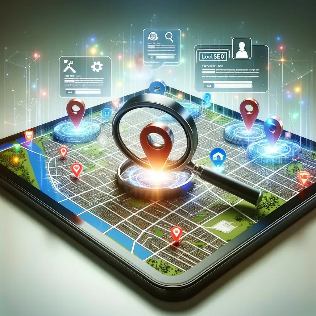 digital map highlighting local businesses, with search-related elements to emphasize the concept of local SEO.