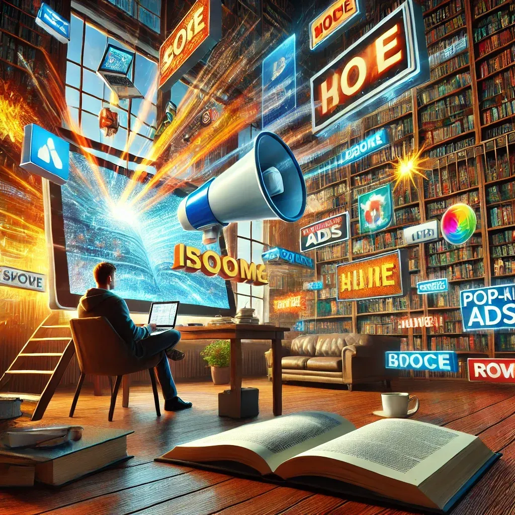 Here is the conceptual image depicting interruptive marketing. The scene illustrates a person in a serene environment disrupted by loud, flashy advertisements, effectively conveying the invasive nature of interruptive marketing tactics.