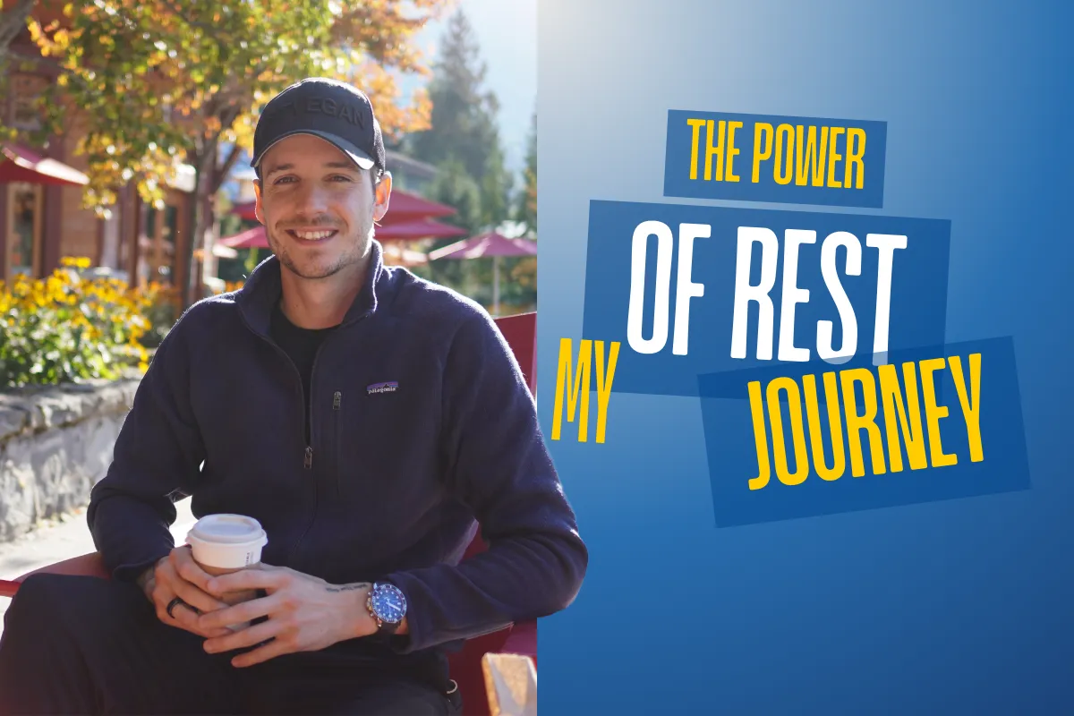 Image of a man sitting at a outdoor coffee venue with the text, The Power Of Rest: My Journey