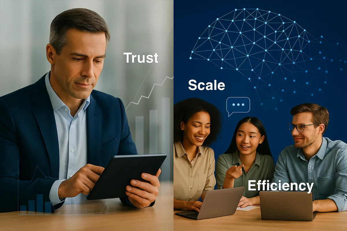 Ethical AI workplace empowerment banner by Ethos AI Solutions featuring bold statement: ‘Your Employees Don’t Want to Be Replaced by AI—They Want to Be Empowered by It.’ Includes statistics on enterprise AI adoption: 80% projected usage by 2026, 62% time saved on admin tasks, and 78% of C-suite already integrating AI tools. Purple background with robot icon reinforces innovation and trust-driven AI strategy