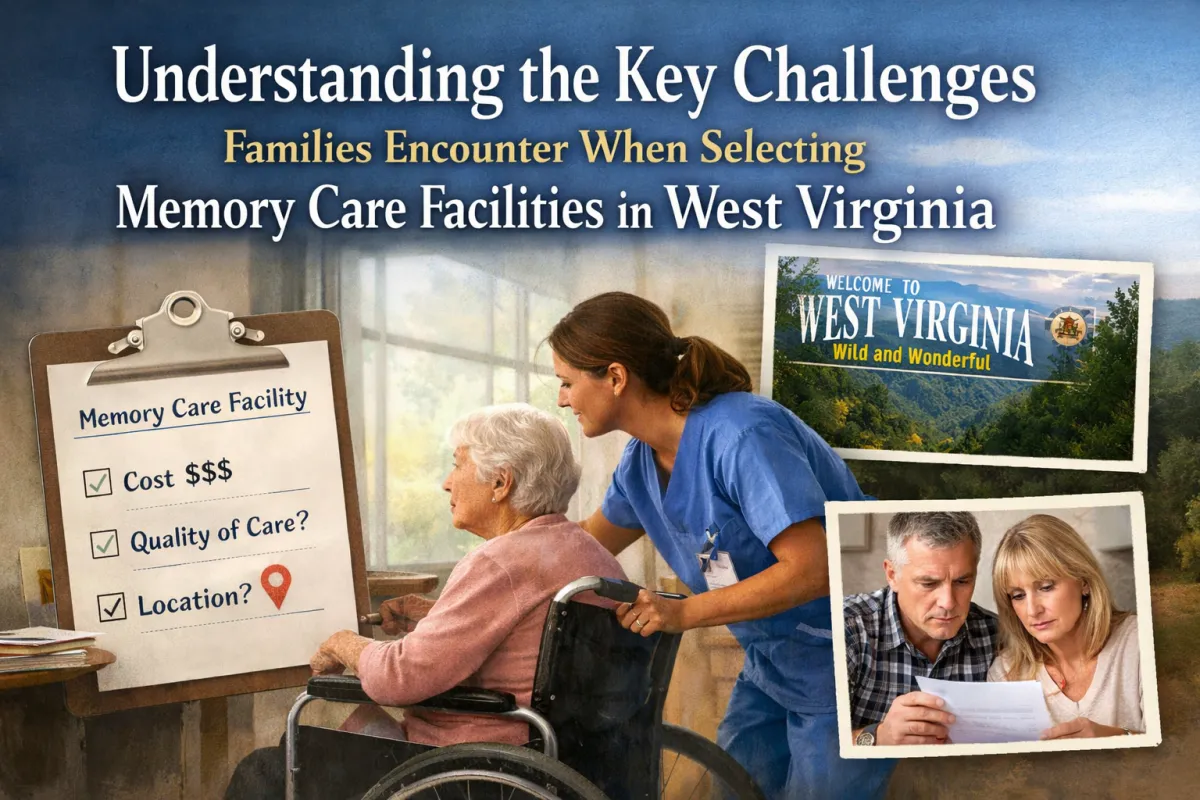Memory care facility in West Virginia with residents and caregivers in a warm, inviting environment