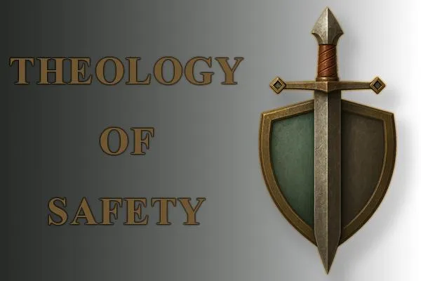 Gradient background with the Blog title "Theology of Safety" with a sword and shield hosting TTP colors