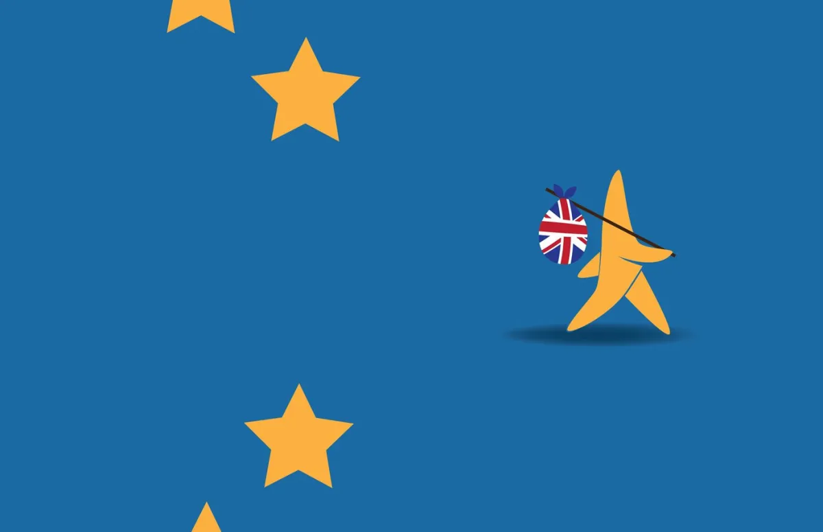 EU Flag depiciting one of the stars walking away with a bundle over its shoulder