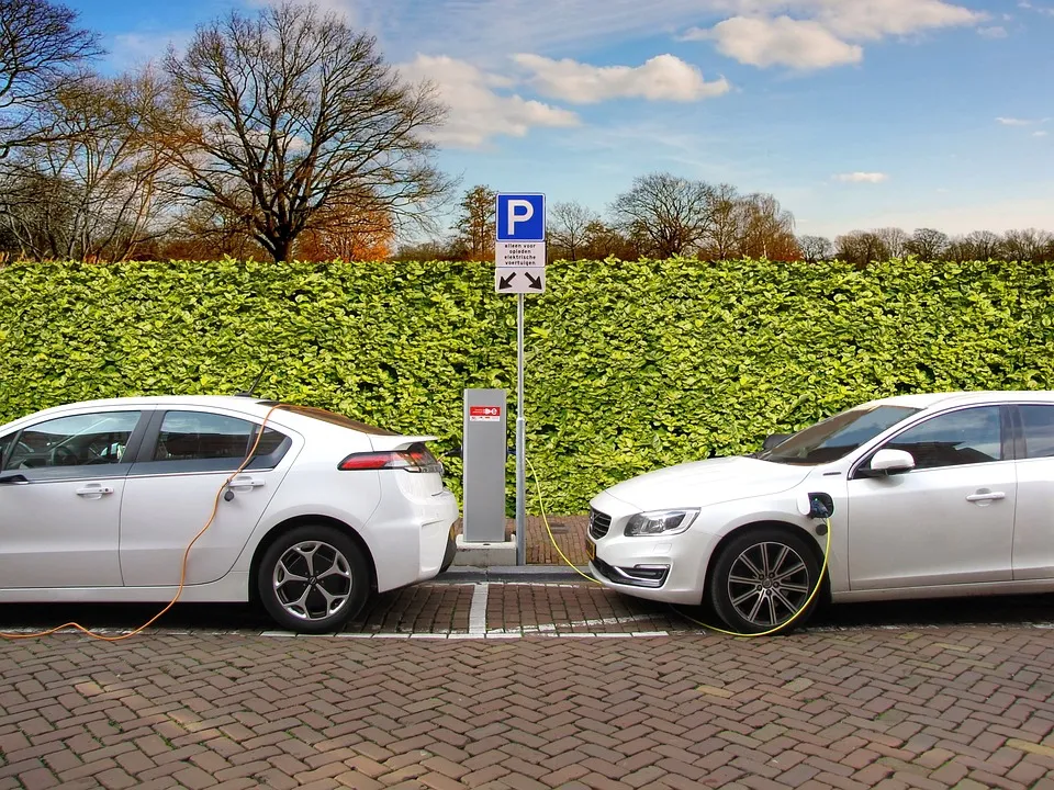 Electric cars plugged in a tthe side of the road charging.