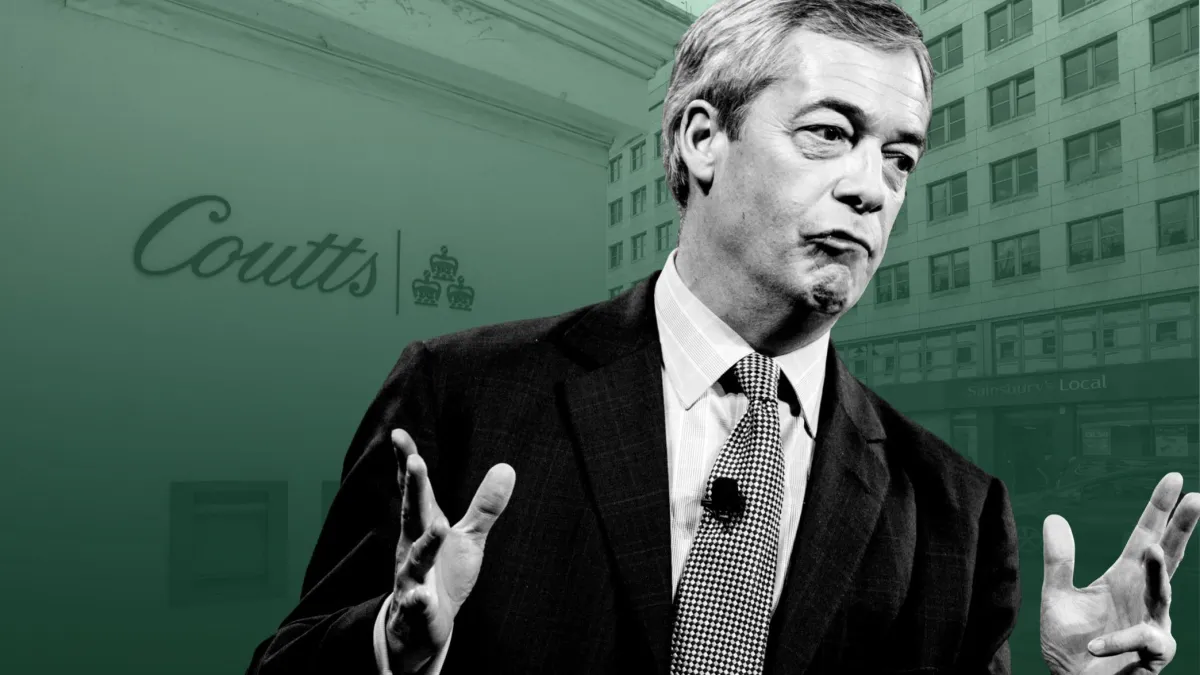 Nigel Farrage on a background of Coutts Logo