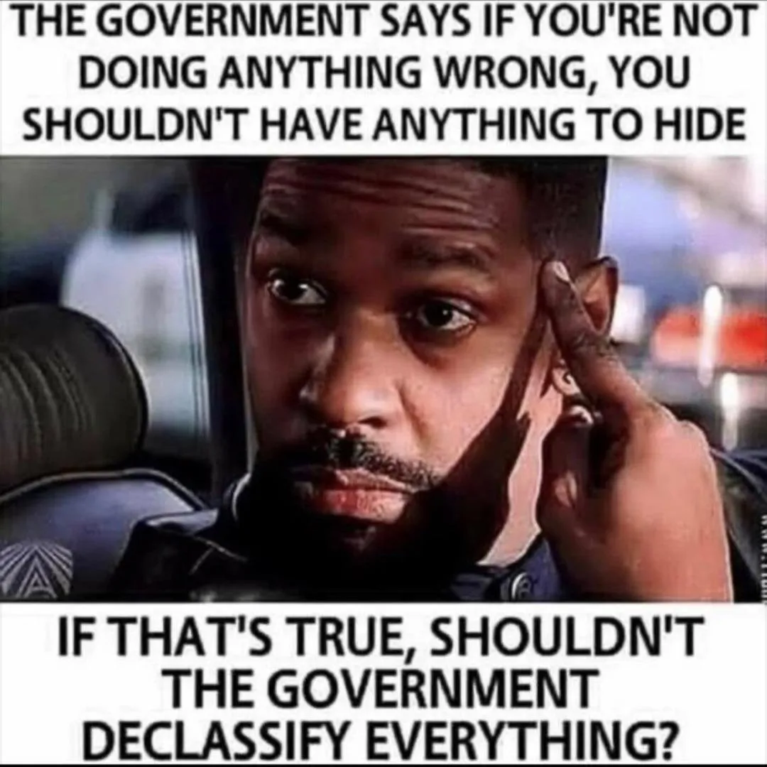 meme showing eddie murphy tapping his head with the caption "The government says if you're not doing anything wrong you have nothing to hide.  In that case shouldn't everything be declassifed